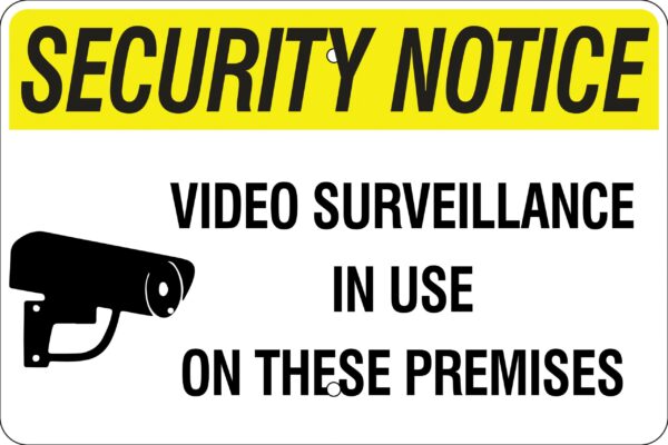 Security Notice Video Surveillance w/ Symbol Metal Sign, Reflective/Non, Var. Sizes, Holes, Overlaminate Y/N, Quality Materials, Long Life Metal Signs