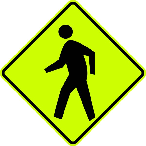 Pedestrian (Sym) Metal Sign, W11-2, Fluorescent Yellow Green, Diamond Shape, Var.Sizes, Holes, Overlaminate Y/N, Qlty. Materials, Long Life Metal Signs